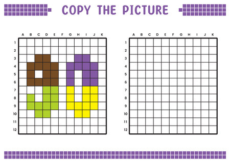 Copy the picture, complete the grid image. Educational worksheets drawing with squares, coloring cell areas. Preschool activities, children's games. Cartoon vector illustration, pixel art. Number 90.のイラスト素材