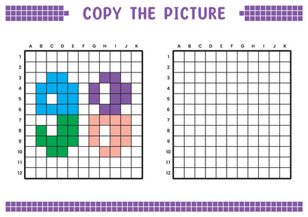 Copy the picture, complete the grid image. Educational worksheets drawing with squares, coloring cell areas. Preschool activities, children's games. Cartoon vector illustration, pixel art. Number 98.のイラスト素材