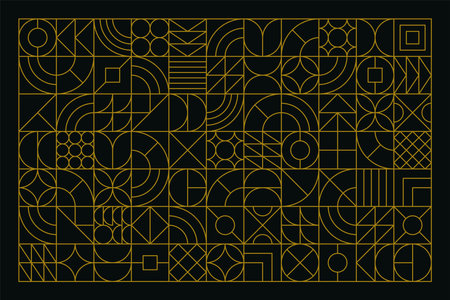 Vector geometric gold line art design on luxury black background. Futuristic or technology style abstract frame pattern. Creative design combination of simple shapes of triangle, square and circle.のイラスト素材