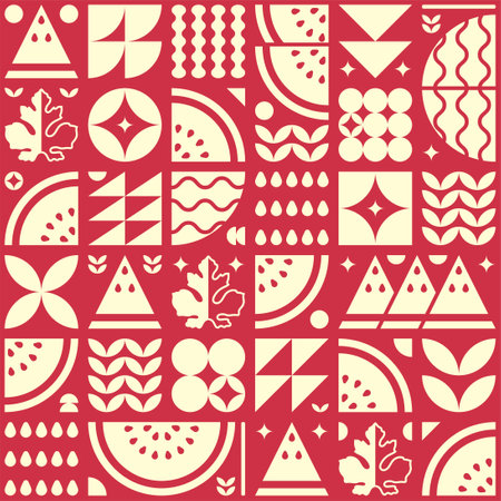 Abstract artwork of watermelon fruit pattern icon set. Simple flat vector art, illustration of cut watermelon symbols, leaves, seeds and various geometric shapes. Grocery silhouette, modern design.のイラスト素材