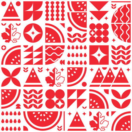 Abstract artwork of watermelon fruit pattern icon set. Simple flat vector art, illustration of cut watermelon symbols, leaves, seeds and various geometric shapes. Grocery silhouette, modern design.のイラスト素材