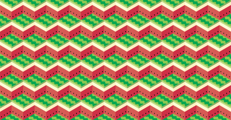 Repeating pattern of square cut red watermelon elements, in simple geometric shapes. Minimalist style abstract fruits poster, for decoration, banner, flyer, cover design of food or drink packaging.のイラスト素材