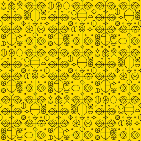 Line art of lemon fruit elements, flowers, leaves and various geometric shapes. Abstract illustration of fresh fruits cut theme. Simple seamless pattern, black outline silhouette on yellow background.のイラスト素材