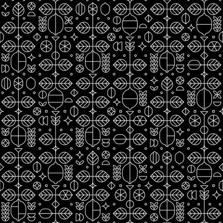 Line art of lemon fruit elements, flowers, leaves and various geometric shapes. Abstract illustration of fresh fruits cut theme. Simple seamless pattern, white outline silhouette on black background.のイラスト素材