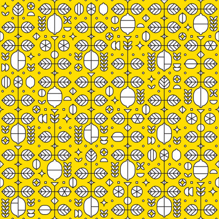 Line art of lemon fruit elements, flowers, leaves and various geometric shapes. Fruits poster abstract illustration. Simple seamless pattern of silhouettes and outlines, on a yellow background.のイラスト素材