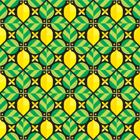 Geometry seamless pattern with elements of lemons, flowers, and leaves, on a black background....