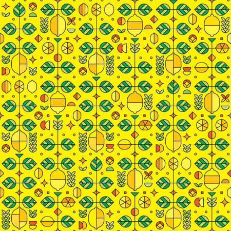 Colorful seamless pattern with elements of lemons, flowers, leaves and various geometric shapes. Abstract illustration of fruit themed poster. Simple flat vector with outline, on yellow background.のイラスト素材