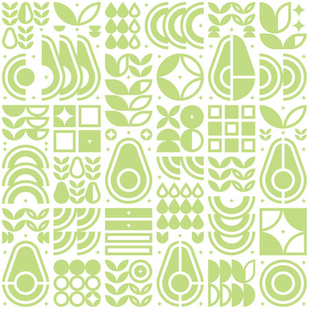 Abstract artwork of avocado pattern icon. Simple flat vector art, illustration symbol of cut avocado, seed, flower, leaf, in silhouette. Modern geometric background design, fruit and vegetable theme.のイラスト素材