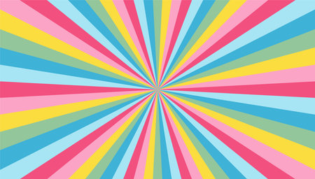 Abstract explosion background in colorful retro rainbow gradient. Glare effect. Sunlight sparkle pattern. Radial rays vector illustration. Narrow beam. For backgrounds, posters, banners and covers.のイラスト素材