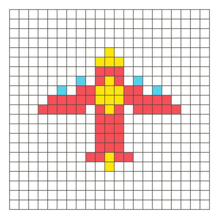 A flat pixel design made of geometric square color blocks on a clean grid layout. Suitable for educational game elements, icons, or craft patterns. Pixel art aircraftのイラスト素材