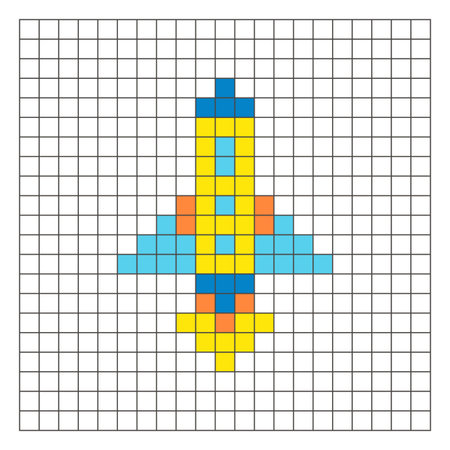 A flat pixel design made of geometric square color blocks on a clean grid layout. Suitable for educational game elements, icons, or craft patterns. Pixel art rocketのイラスト素材
