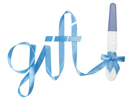 Word gift written gift ribbon blue. A positive pregnancy test. White background, isolatedの写真素材