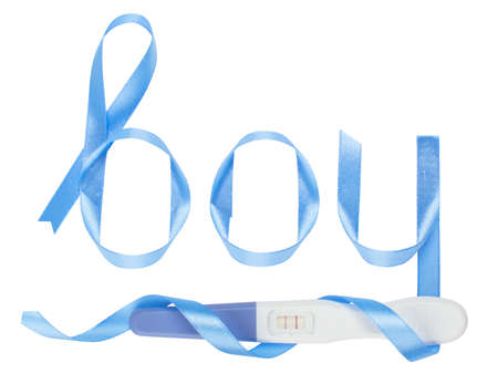 Word boy written gift ribbon blue. A positive pregnancy test. White background, isolatedの写真素材