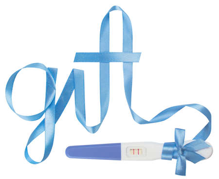 Word gift written gift ribbon blue. A positive pregnancy test. White background, isolatedの写真素材