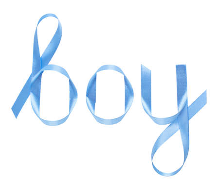 Word boy written gift ribbon blue. White background, isolatedの写真素材
