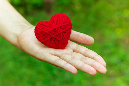 red heart in his hand on a background of green grass