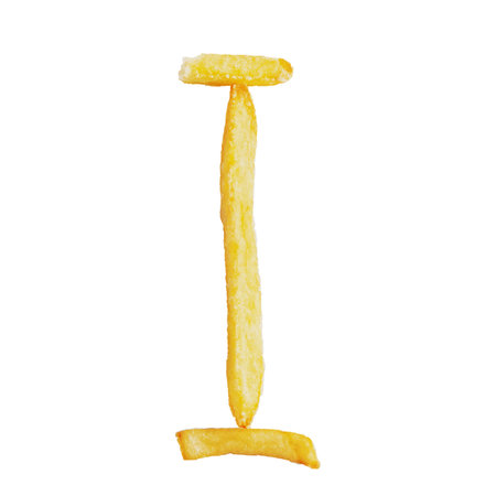 Letter I symbol is made of the same fries. Alphabet of French fries. Isolate on whiteの写真素材