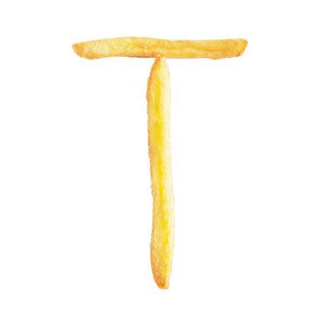 Letter T symbol is made of the same fries. Alphabet of French fries. Isolate on whiteの写真素材
