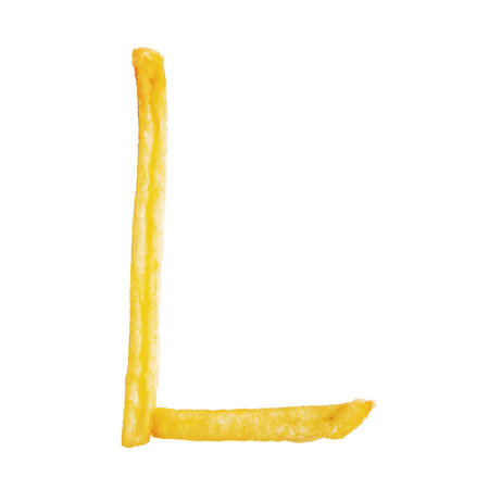 Letter L symbol is made of the same fries. Alphabet of French fries. Isolate on white
