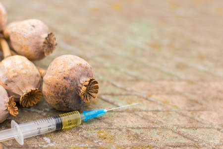 Drug opium poppy inside the syringe. Deadly drug addiction. On an old rusty background. Empty space for textの写真素材