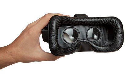 VR virtual reality glasses for  mobile phone in the hands of man isolated on white background