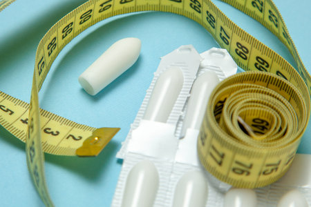 Suppository for anal or vaginal use and yellow measuring tape. Candles for the treatment of obesity,...