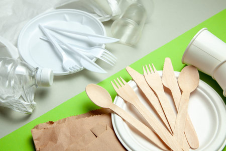 Eco-friendly disposable tableware made of bamboo wood and paper on a green background. Plastic...