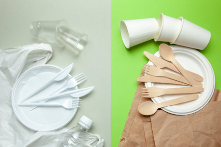 Eco-friendly disposable tableware made of bamboo wood and paper on a green background. Plastic...