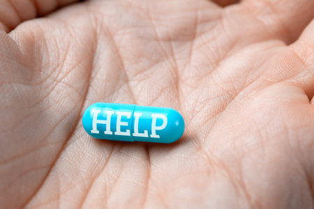 HELP inscription on blue pill capsule in hand. closeupの写真素材