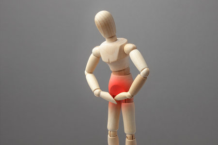 Concept pain in the groin, problems with the genitals. The wooden man holds his hands over the groin...
