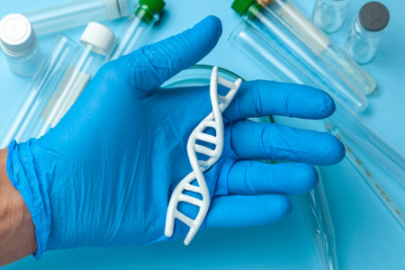 DNA helix research. Concept of genetic experiments on human biological code DNA. Medical instrument...