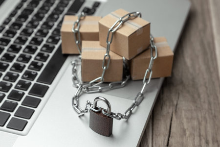 Ban on the buy of goods in online stores. Boxes with the goods are wrapped with chain and locked....
