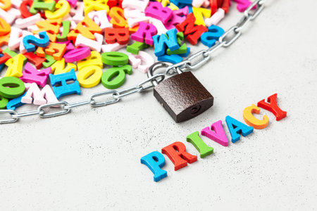 Closed private information. Letters of information symbol wrapped in chain and locked