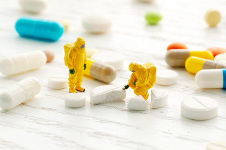 Scientists are testing new pills. Drug Research. Doctor in a bioprotective suit examines medications