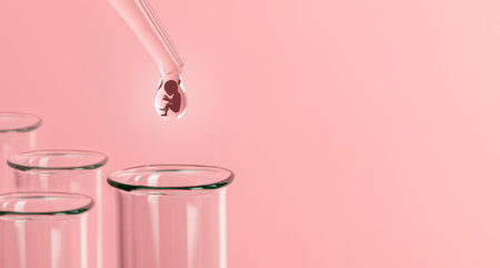 Artificial insemination. Test tube baby, IVF. On the tip of the pipette drop with silhouette of the...