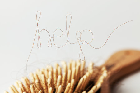 Hair loss. Comb with hair and inscriptions HELP. Concept of how to help and strengthen hair from...