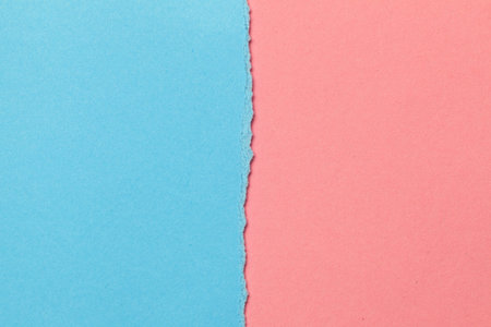 Blue and pink paper background are divided vertically in half. Concept two halves of man and woman....