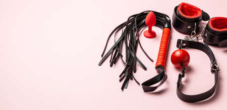 Set of erotic toys for BDSM. The game of sexual slavery with a whip, gag and butt plug. Intimate sex games. Copy space for textの写真素材
