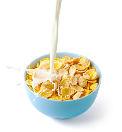 Cornflakes dry breakfast with milk. Stream of milk with cheese and splash pours into blue plate with...