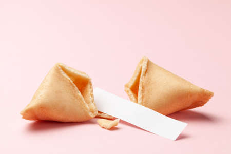 Chinese fortune cookies. Cookies with empty blank inside for prediction words. Pink background Copy space for textの写真素材