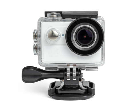 Action camera in a waterproof box isolated on white backgroundの写真素材