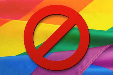 Homophobia. STOP LGBT. LGBT pride rainbow flag and prohibition signの写真素材