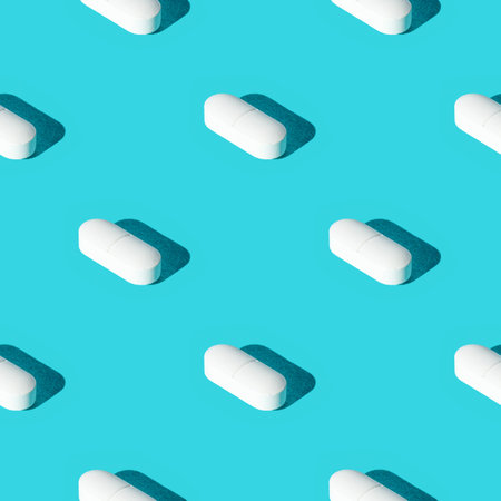 Seamless texture pattern. Pills on a green background. Set. Long harsh shadow from the summer...