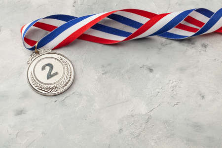 Silver medal. Second place award with ribbonの写真素材