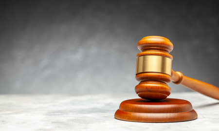 Wooden hammer of the judge. Gray background.