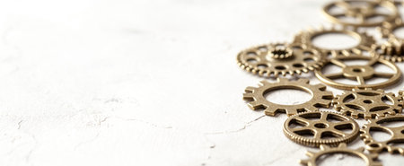 Old metal gears from clock on gray backgroundの写真素材