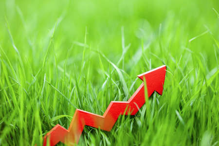 Red up arrow in the lawn grass. Copy space for text.の写真素材