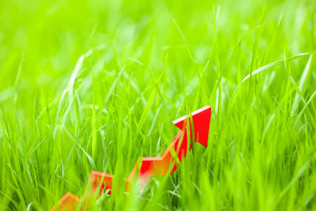 Red up arrow in the lawn grass. Copy space for text.の写真素材