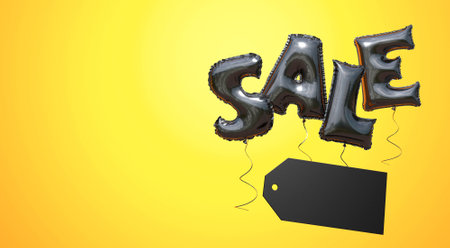 Black Friday. The word SALE made of black balloons on yellow background. Copy spaceの写真素材