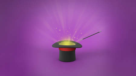 Magician hat. Light rays from a black top hat with a red ribbon and a magic wand. Purple background. 3d render.の写真素材